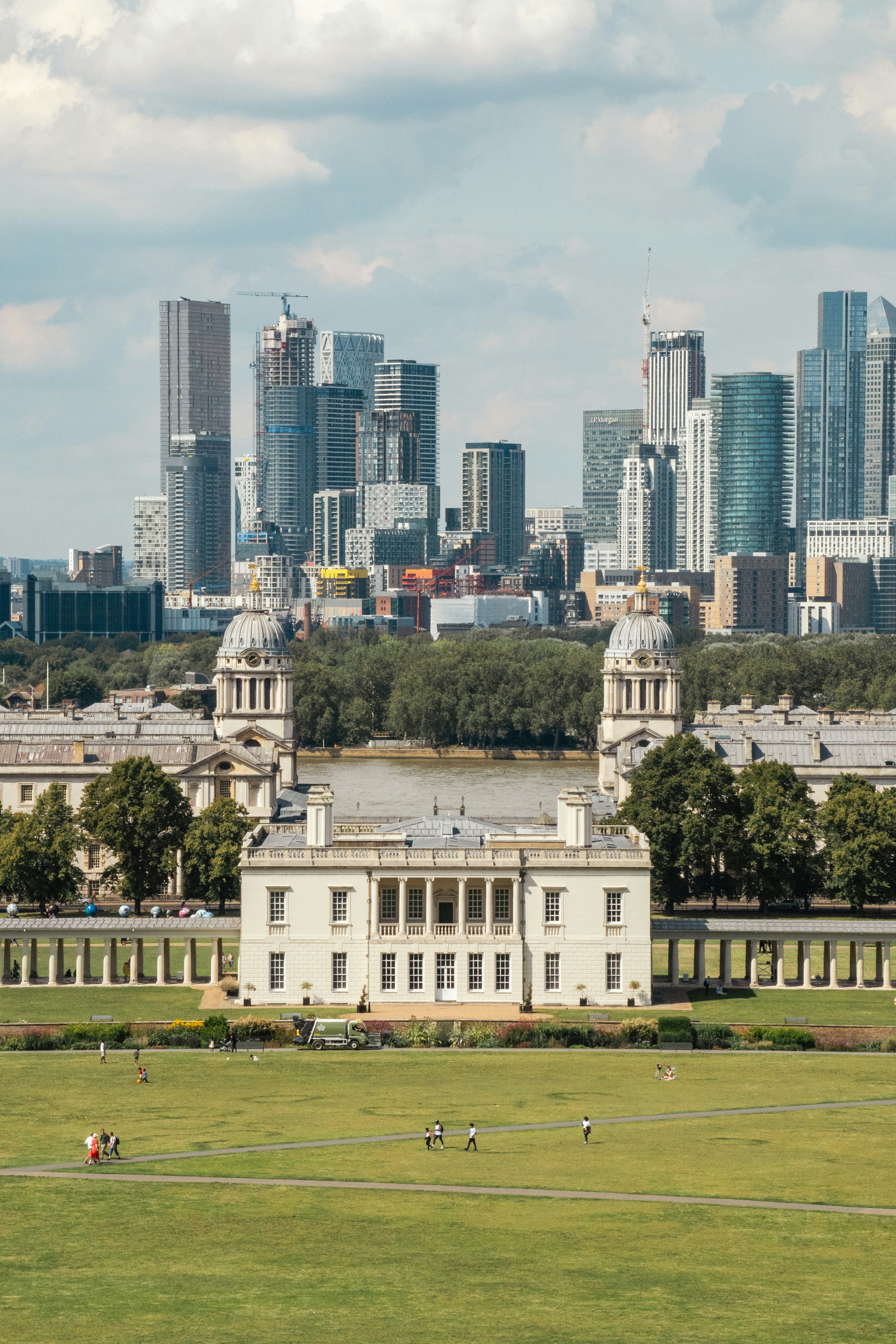 View from Greenwich Park across the Old Royal Naval College to Canary Wharf